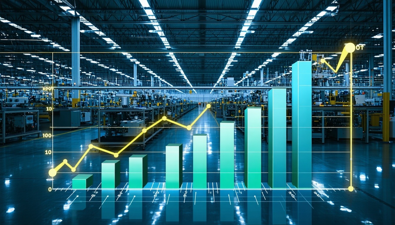 An image showcasing a manufacturing plant with a f